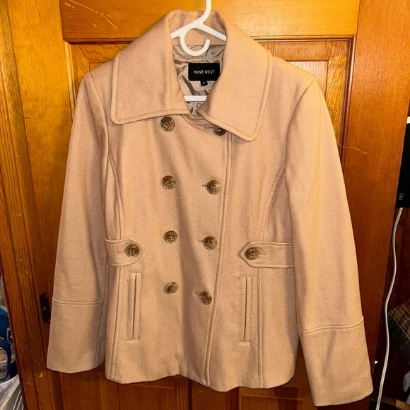 NWOT Nine West Peacoat Sz 12 Tan Wool Blend Double Breasted - Picture 2 of 6